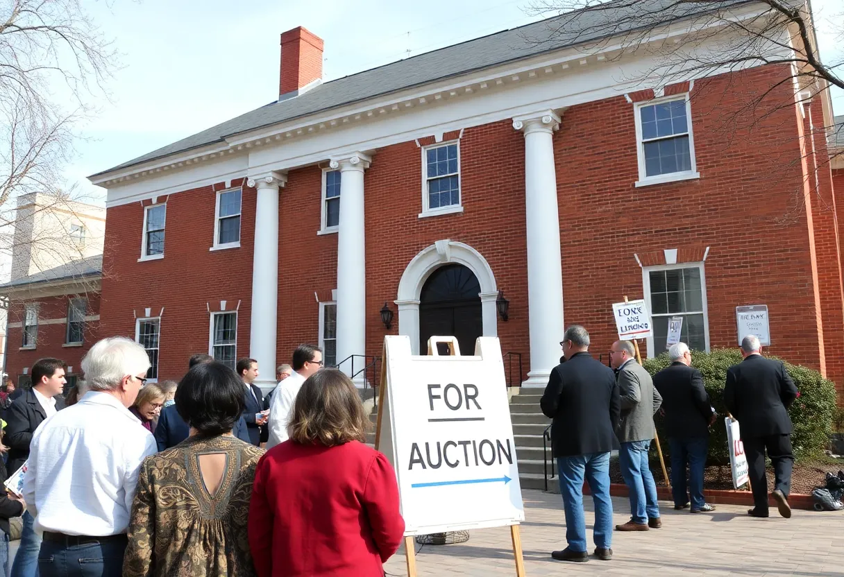 Auction sign outside the Skillman Southwestern Branch Library building