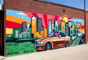 Vibrant mural depicting community elements in South Dallas