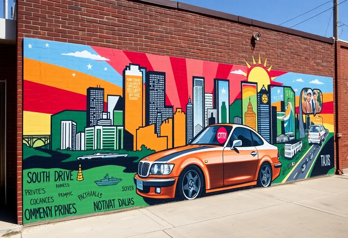 Vibrant mural depicting community elements in South Dallas