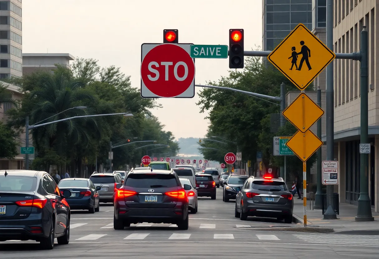 Road scene depicting traffic safety measures in South Dallas.
