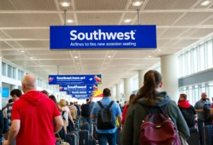 Passengers at a Southwest Airlines terminal under assigned seating signs