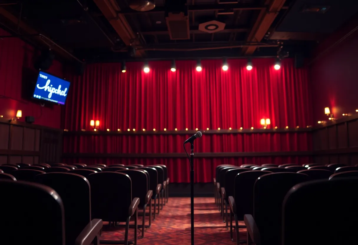 A stage set for a comedy performance at Dallas Comedy Club.