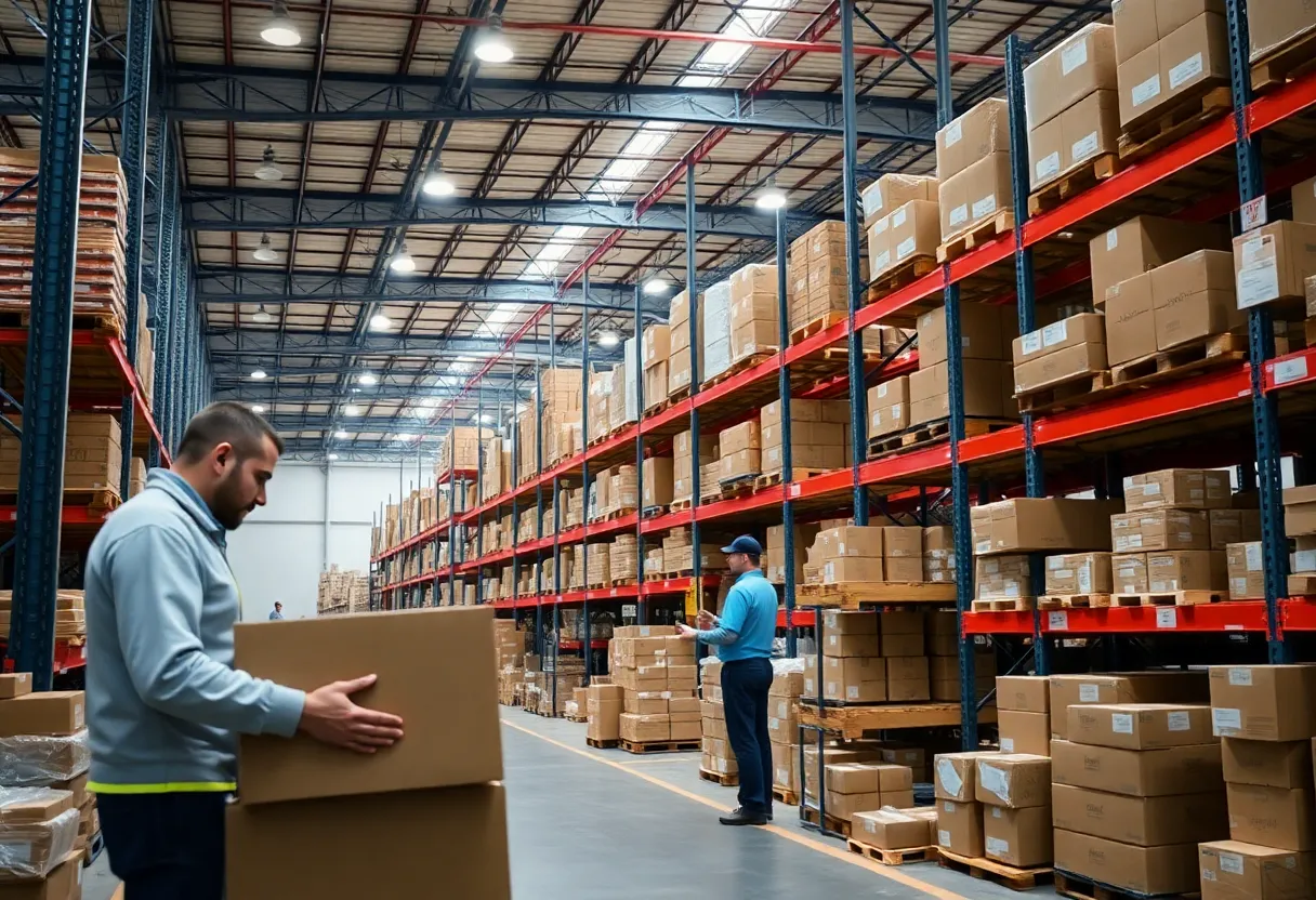 Interior view of Stord's Dallas fulfillment center with workers managing logistics operations.