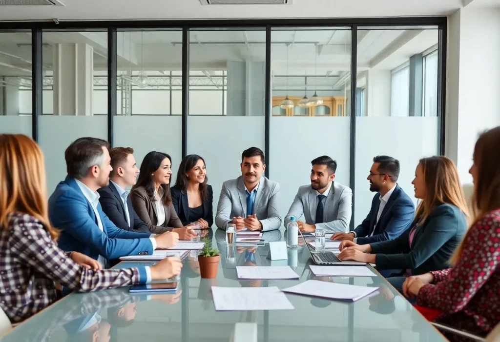 Professionals collaborating in a boardroom
