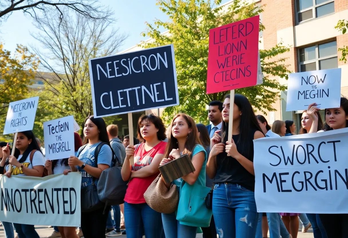 Students protesting in Buda, Texas holding signs for immigration rights.