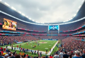 Crowd at Super Bowl with advertising displays