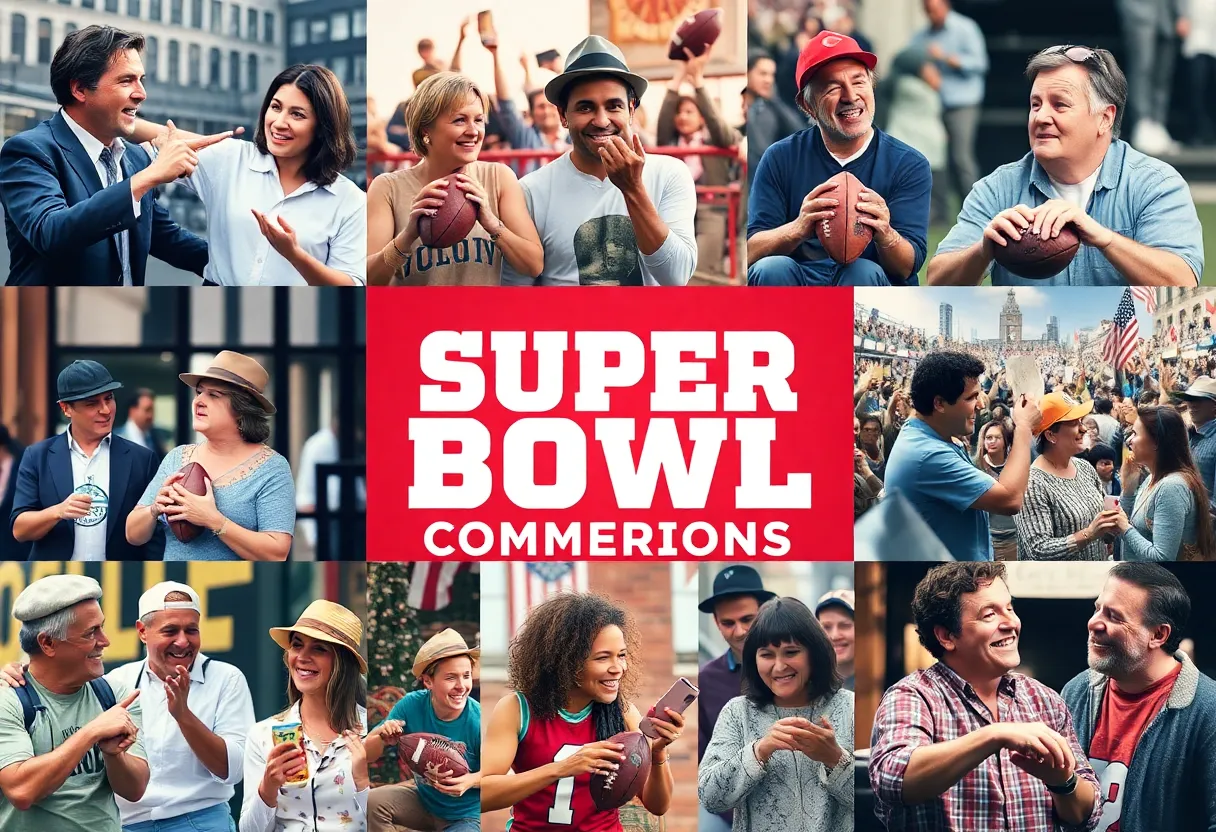Collage of Super Bowl commercial elements including humor, nostalgia, and celebrities.