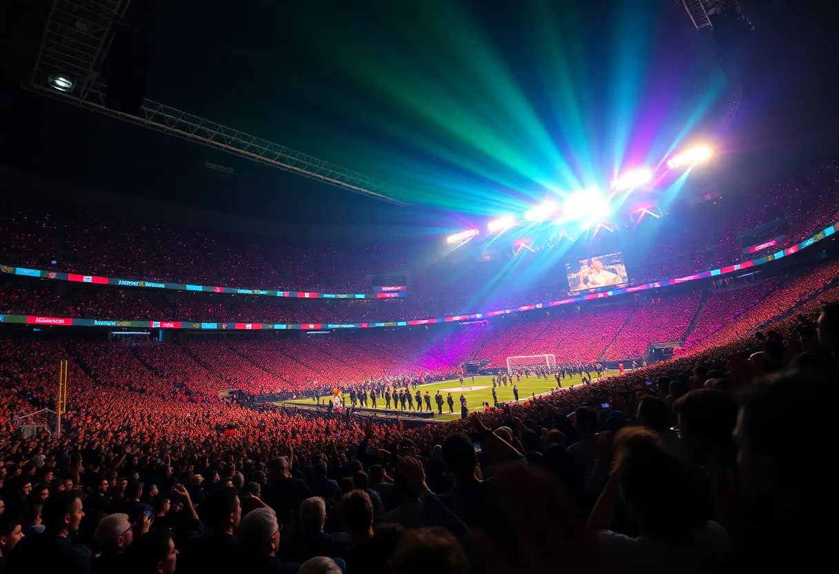 Crowd enjoying the Super Bowl LX halftime show with vibrant lights.