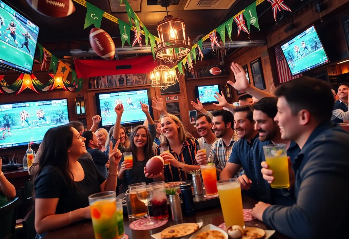 Fans enjoying a Super Bowl watch party with food and drinks