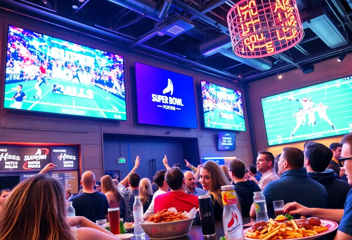 Fans enjoying a Super Bowl watch party in Dallas