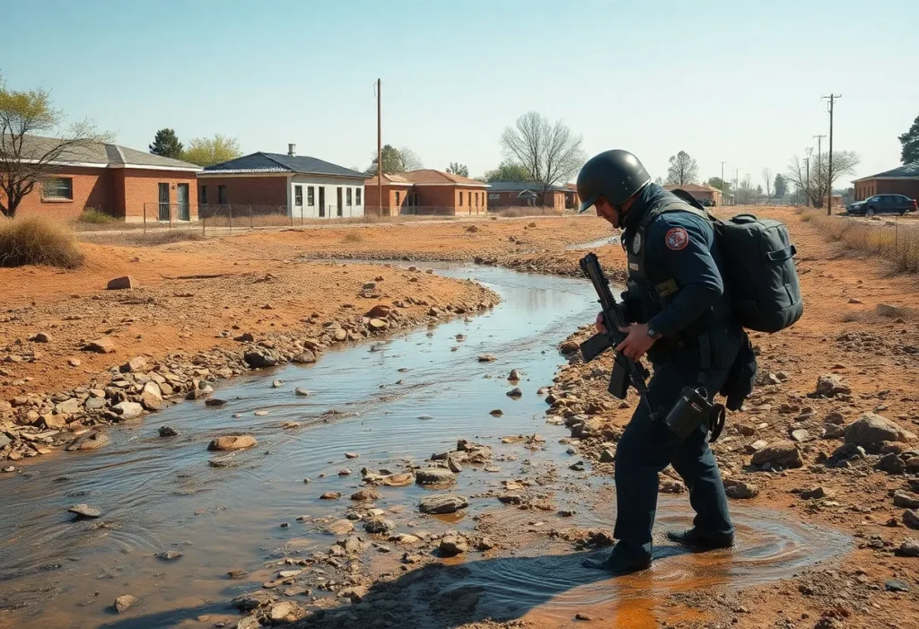 Police officer conducting a search in a dry riverbed during an inmate escape incident.