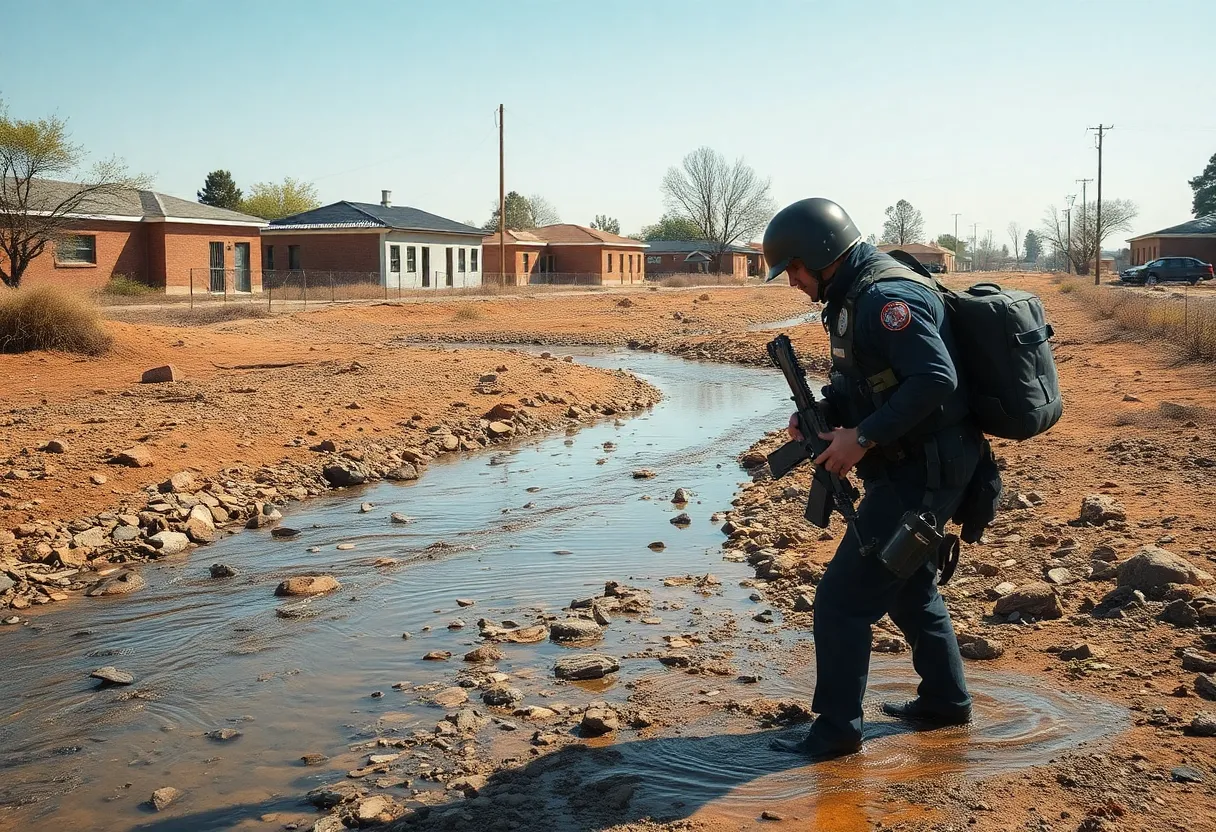 Police officer conducting a search in a dry riverbed during an inmate escape incident.