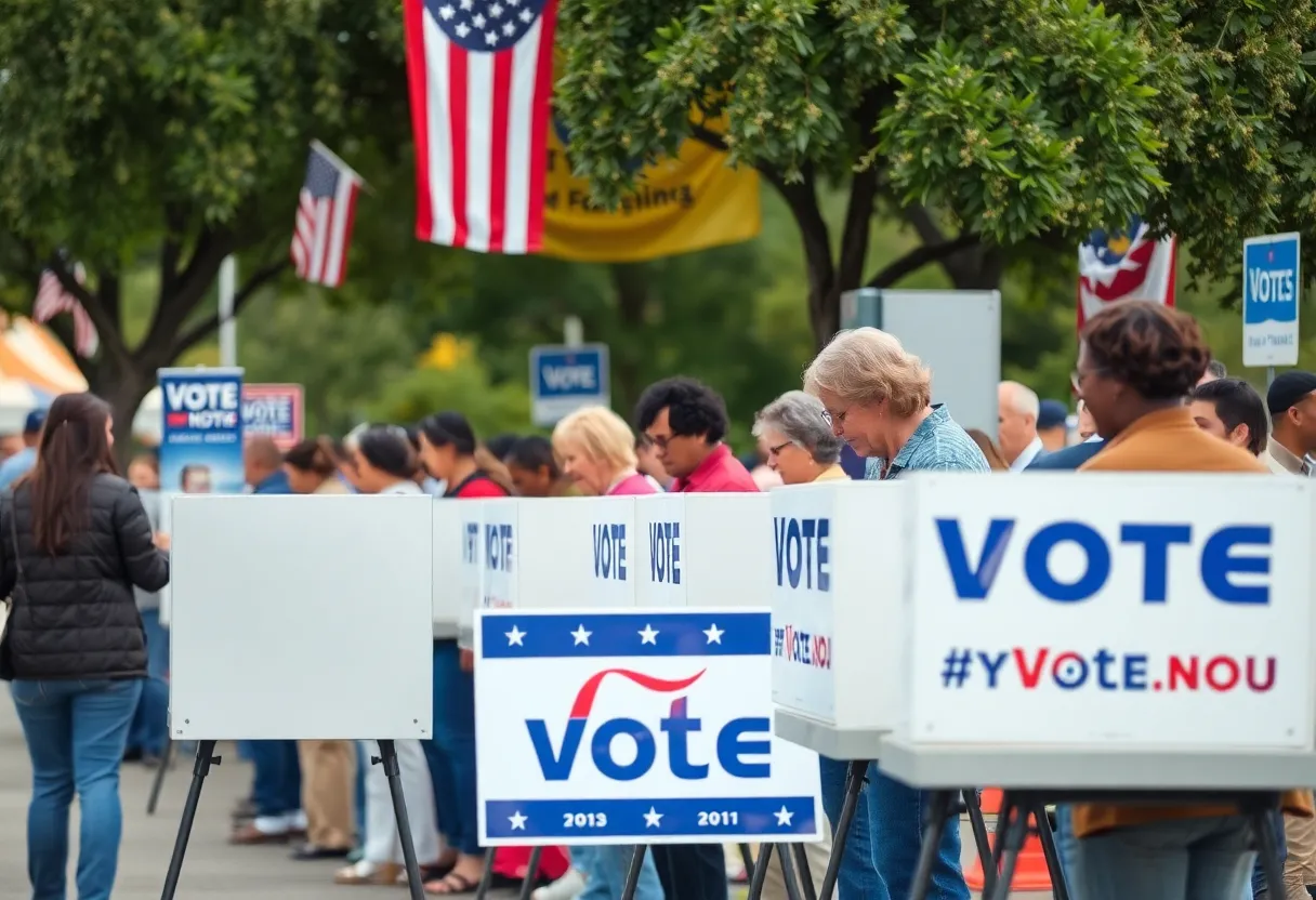 A lively political campaign scene in Fort Worth, Texas with community members engaged in the election process.