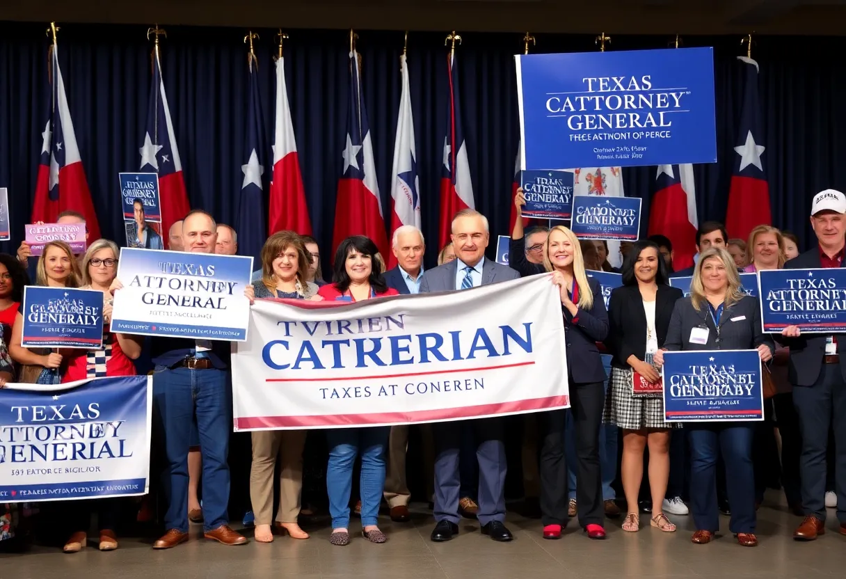 Campaign scene showing diverse supporters for Texas Attorney General candidates