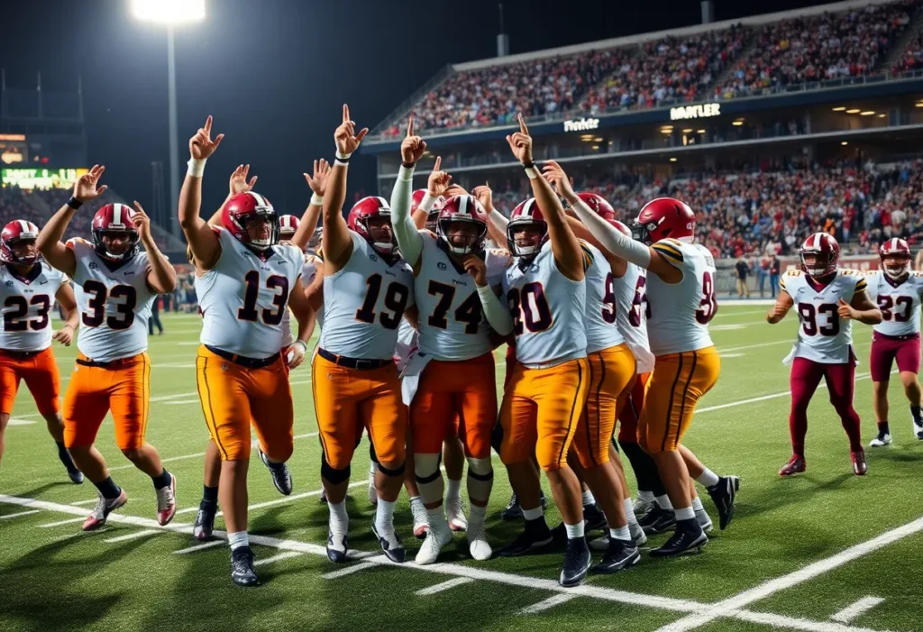 A football team celebrating their success on the field.