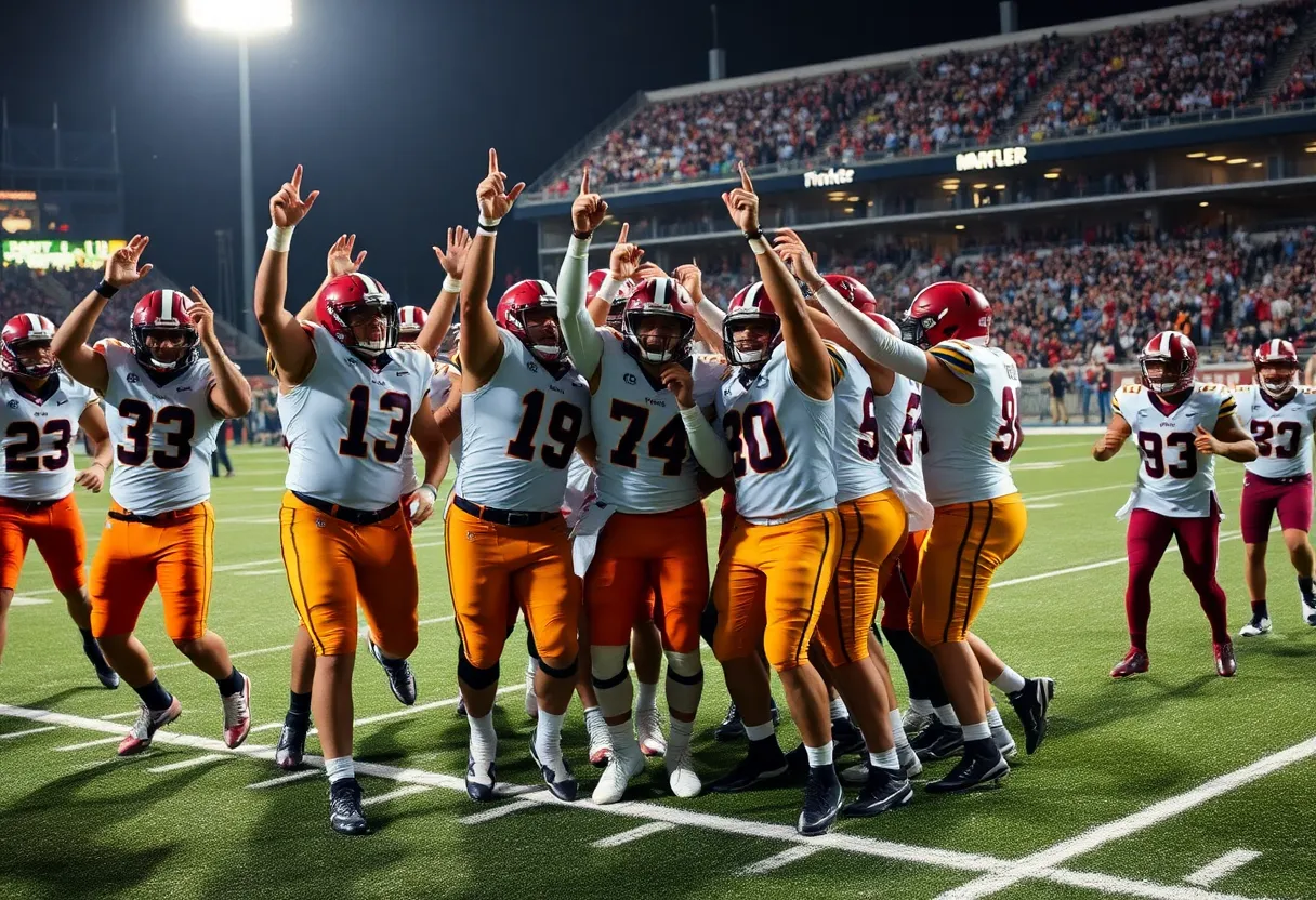 A football team celebrating their success on the field.