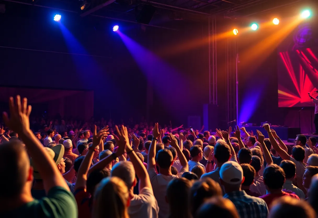 Crowd enjoying a Tim McGraw concert with vibrant stage lights
