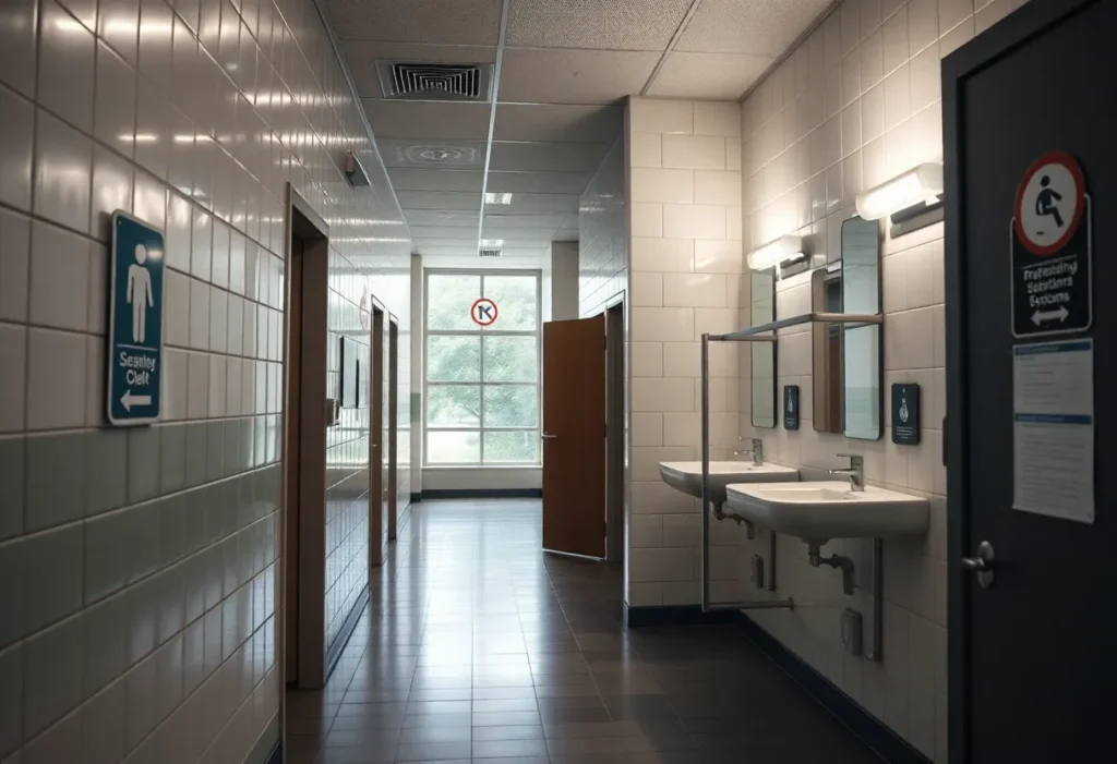 Public restroom with safety and security signs in a university setting.