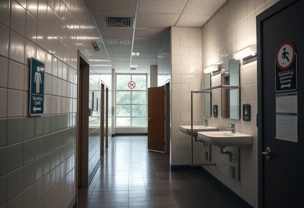 Public restroom with safety and security signs in a university setting.