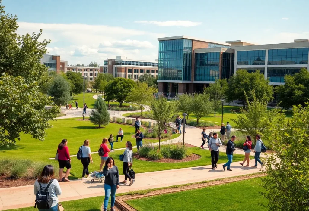 Campus of the University of North Texas with students and buildings