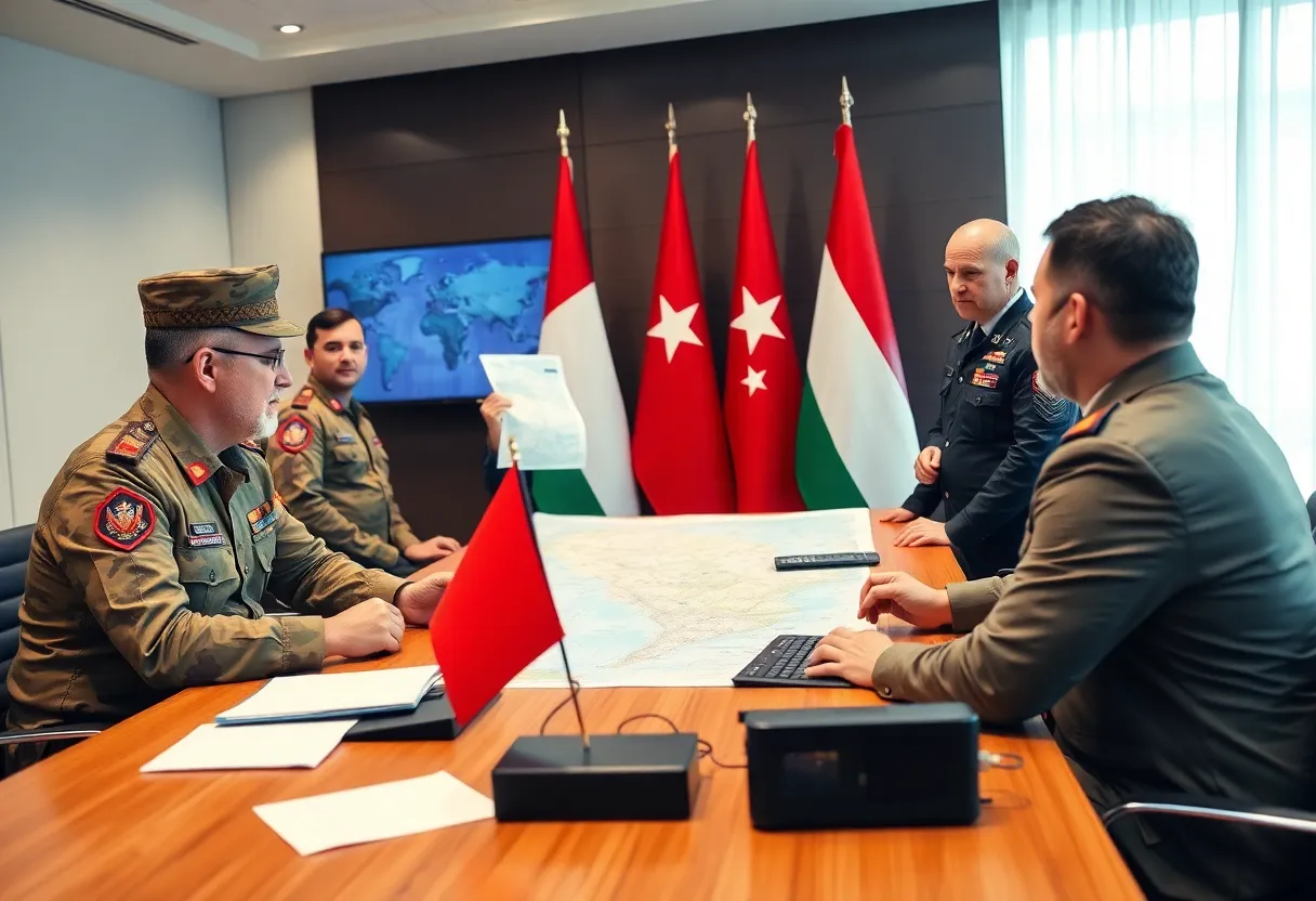 Diplomatic meeting between U.S. and Russia military officials discussing strategies.