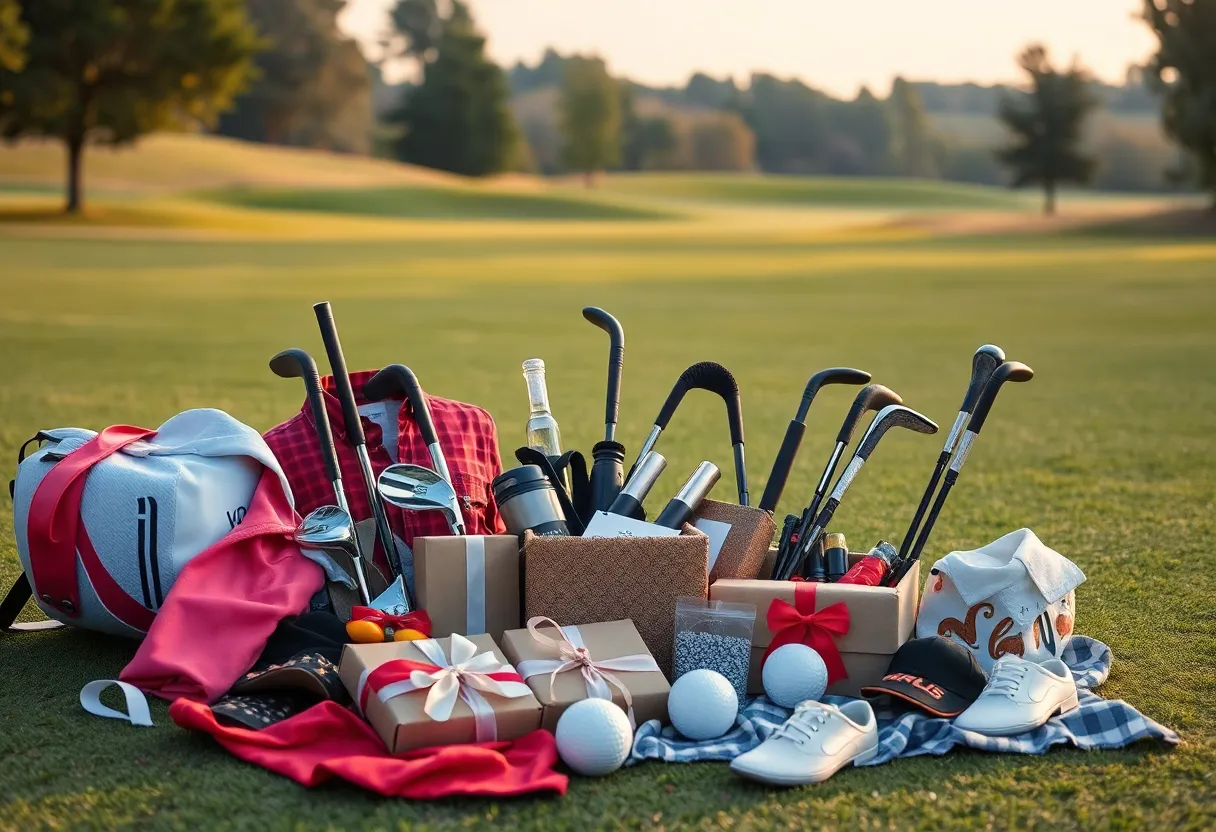 A couple enjoying golf on Valentine's Day with gifts and golf equipment around them.