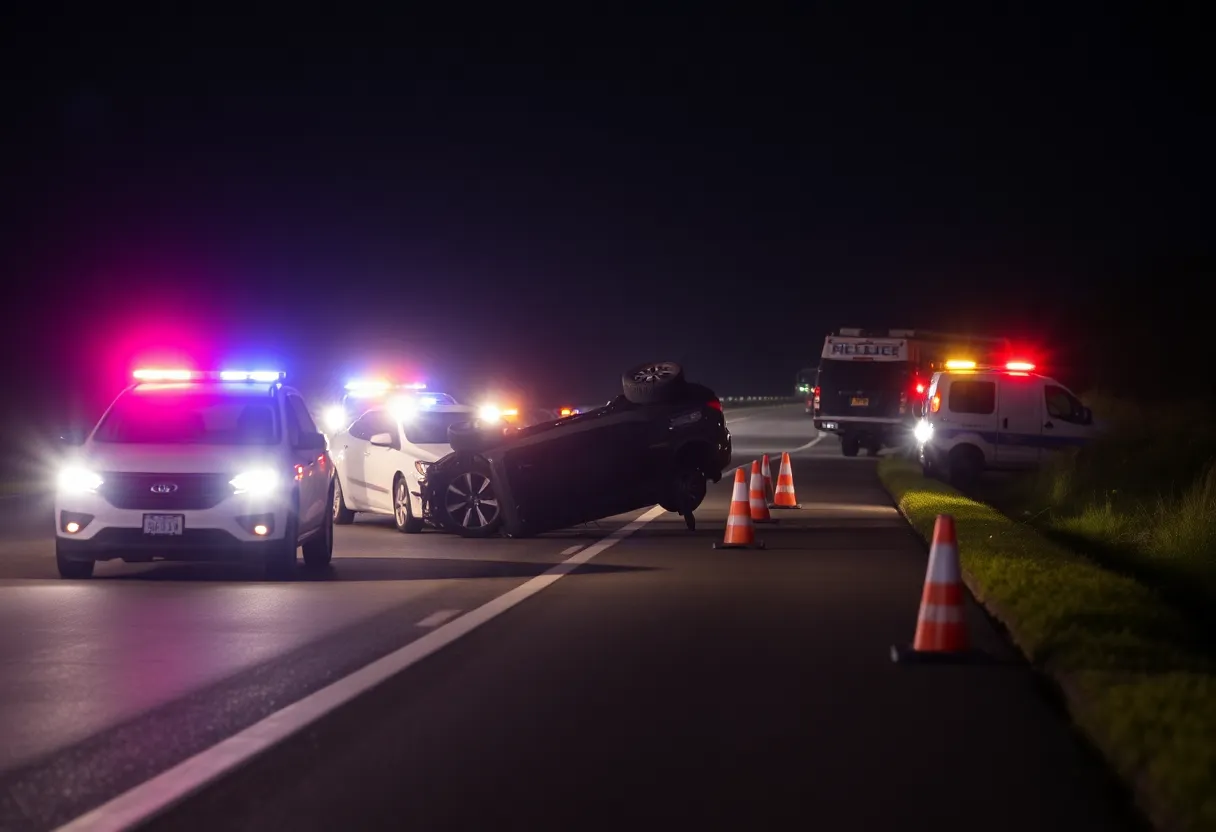 Emergency responders at the scene of a vehicle rollover on I-35