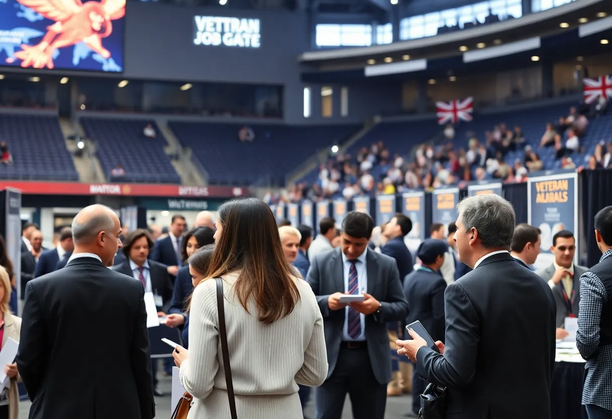 Veterans networking at a job fair in Arlington, Texas.