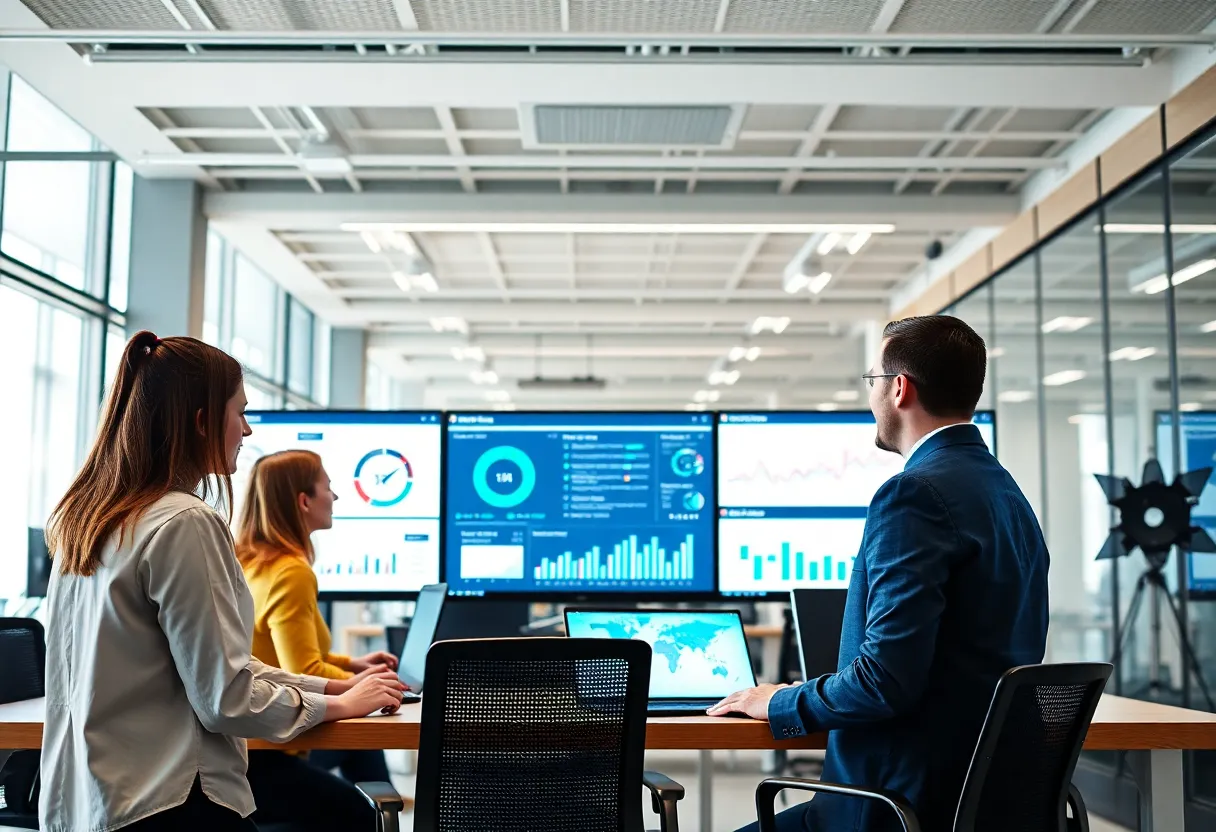 Office environment with advanced technology for decision-making.