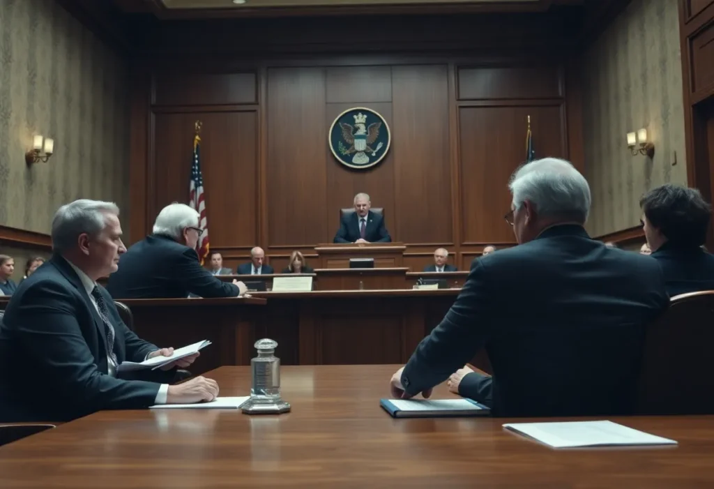 A courtroom scene depicting a trial related to financial elder abuse
