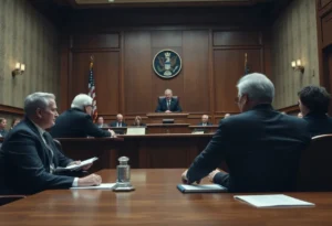 A courtroom scene depicting a trial related to financial elder abuse