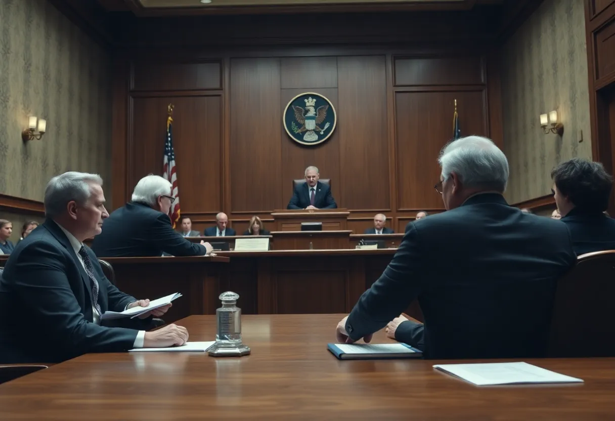 A courtroom scene depicting a trial related to financial elder abuse