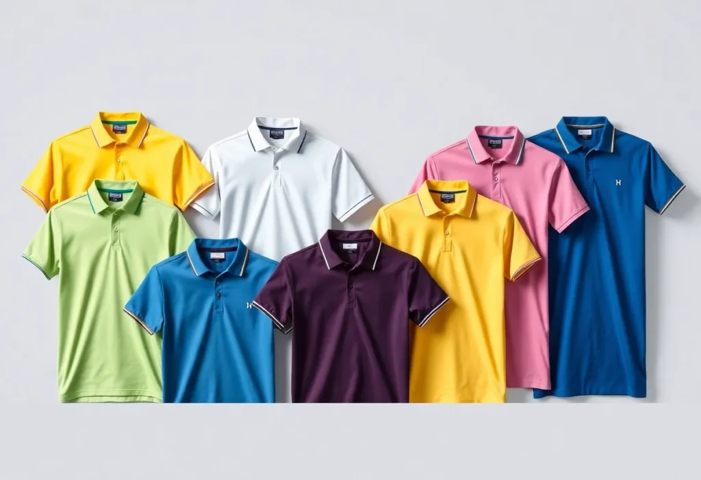 A variety of golf polo shirts in different colors hanging in a store