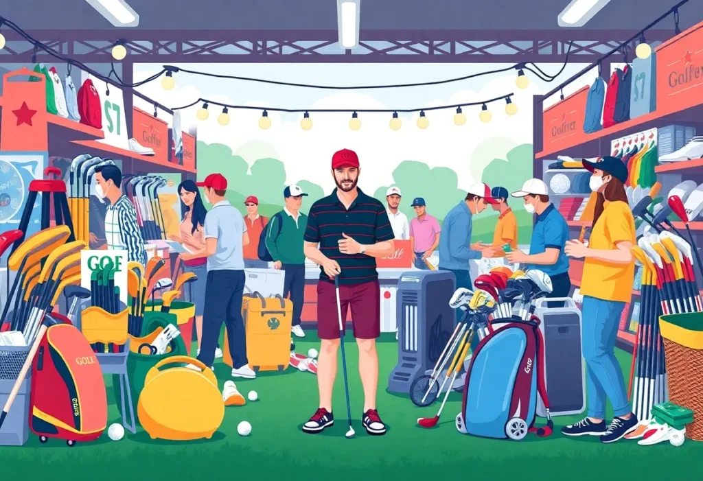 An illustrated view of a golf resale marketplace featuring various golf equipment