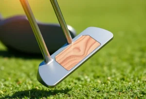 Scott Golf handcrafted putter showcasing wooden face inlay on a golf course
