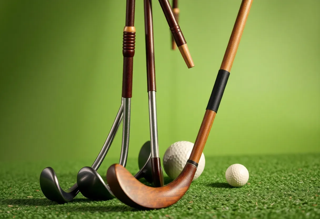 Set of new Ben Hogan golf irons on a golf course