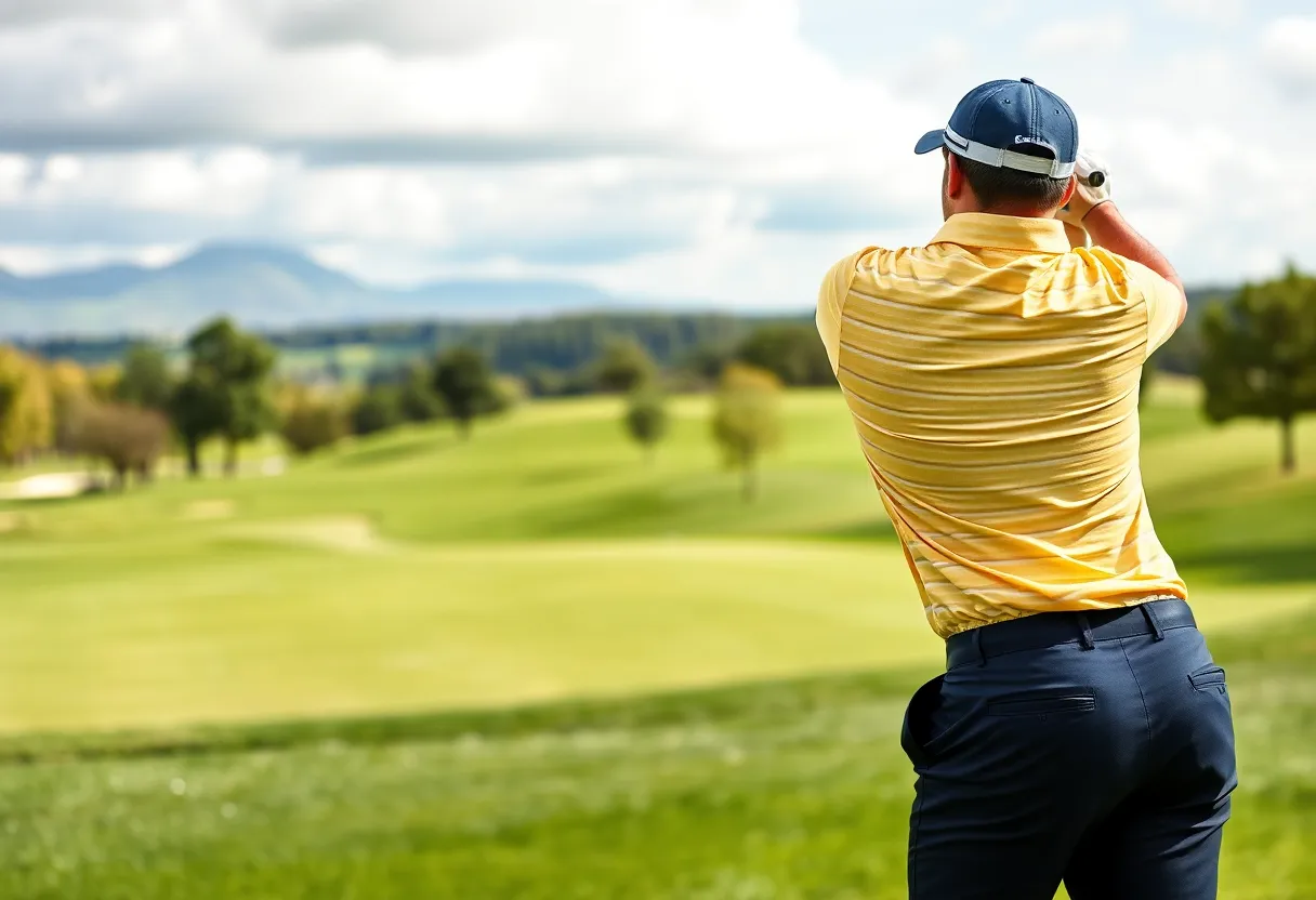A golfer undergoing a club fitting with the Cobra 3DP MB 5-iron on a golf course.