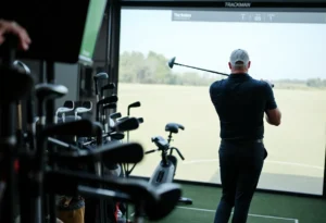 A golfer undergoing professional club fitting at a golf studio.
