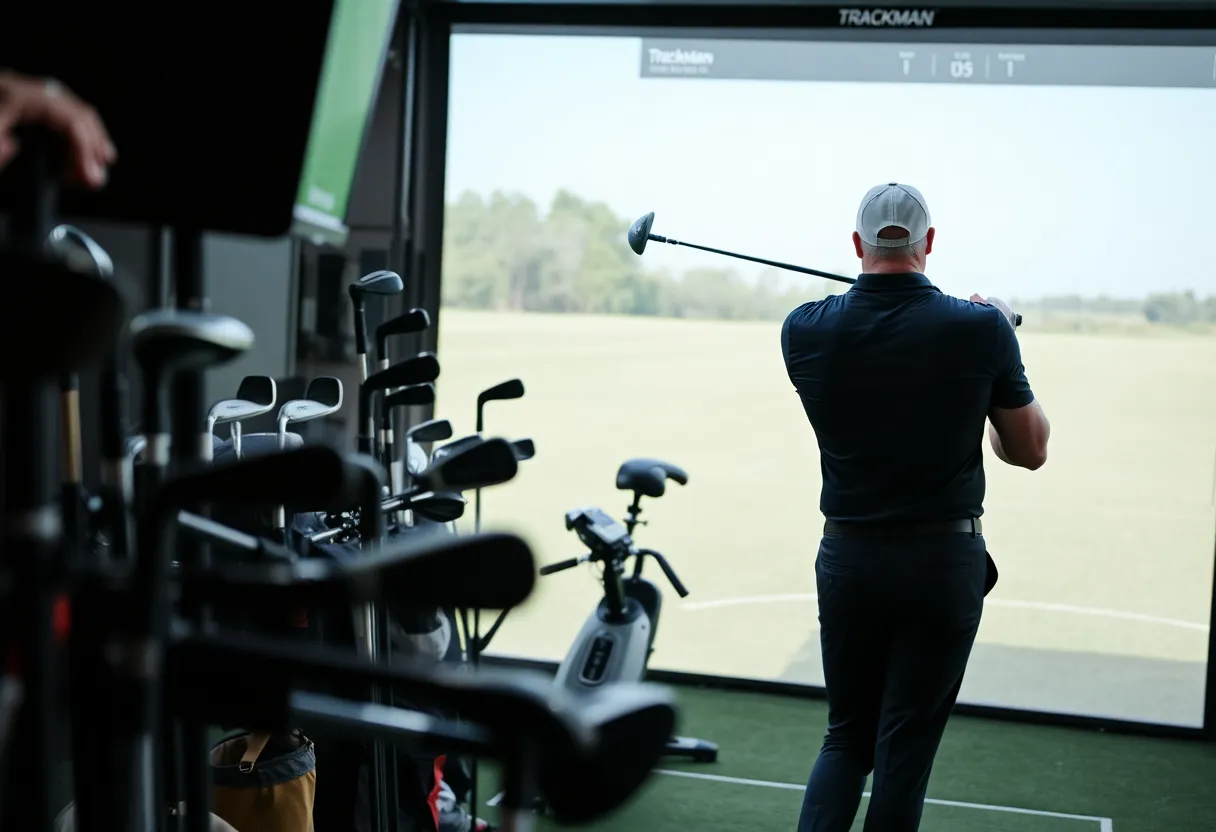 A golfer undergoing professional club fitting at a golf studio.