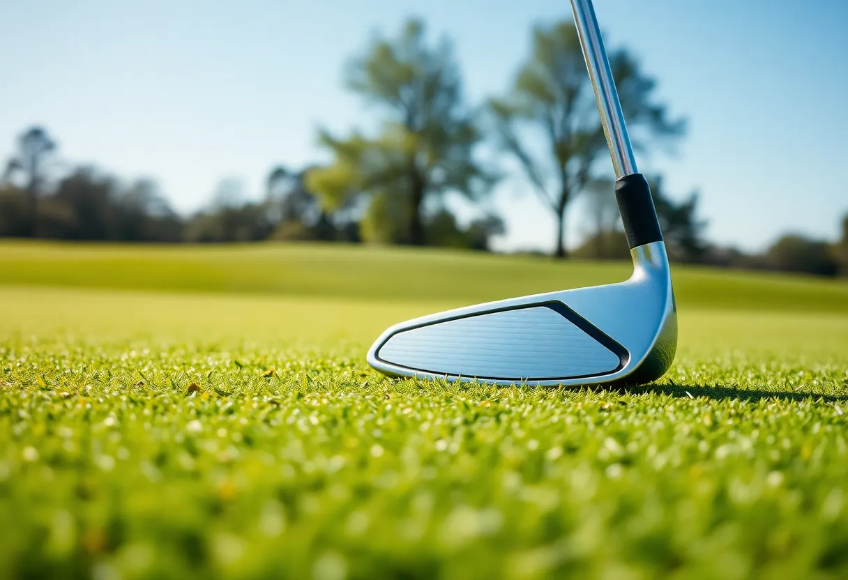 Professional golfer demonstrating McLaren Golf clubs on a course