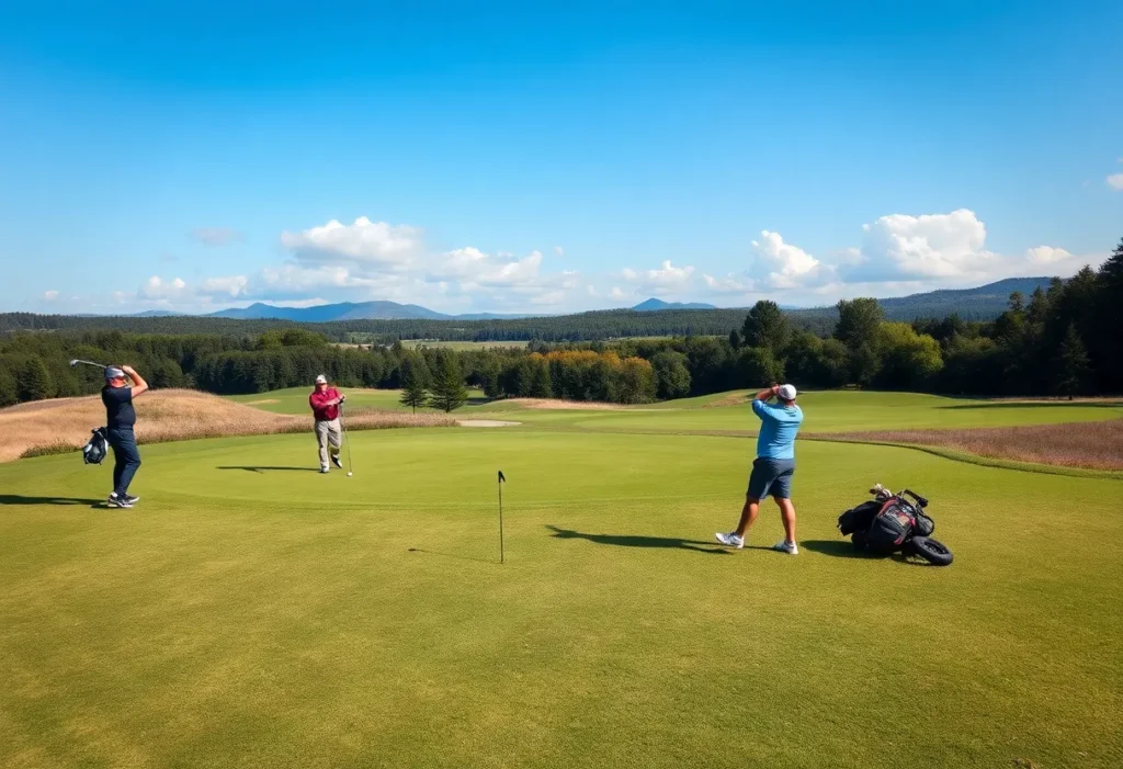 Golfers on a long drive in a picturesque golf course