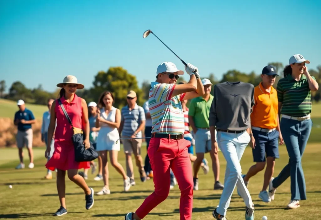 Golf players on a course showcasing various brands of golf equipment