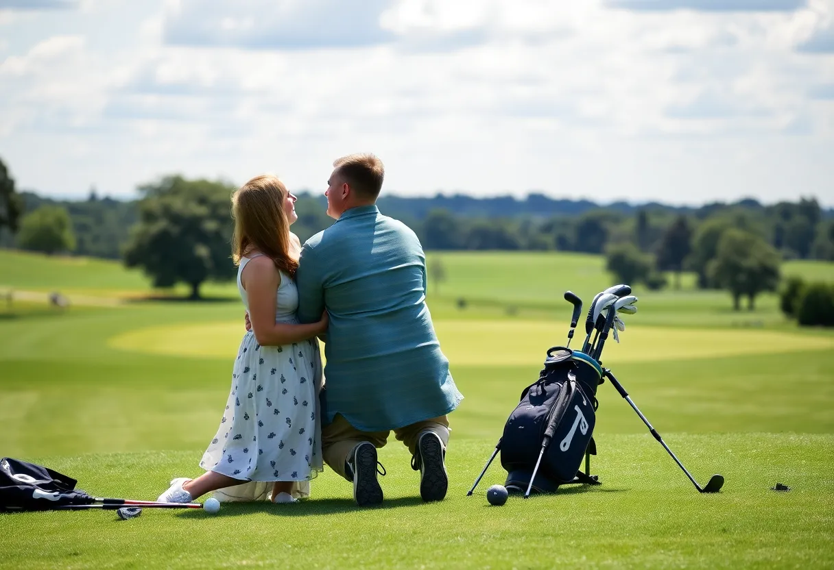 Image of two golf bags on the green under a bright sky